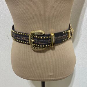 ST MAARTEN Dallas Leather Belt W/Gold Studs & Gold-Tone Lion Head Medallion